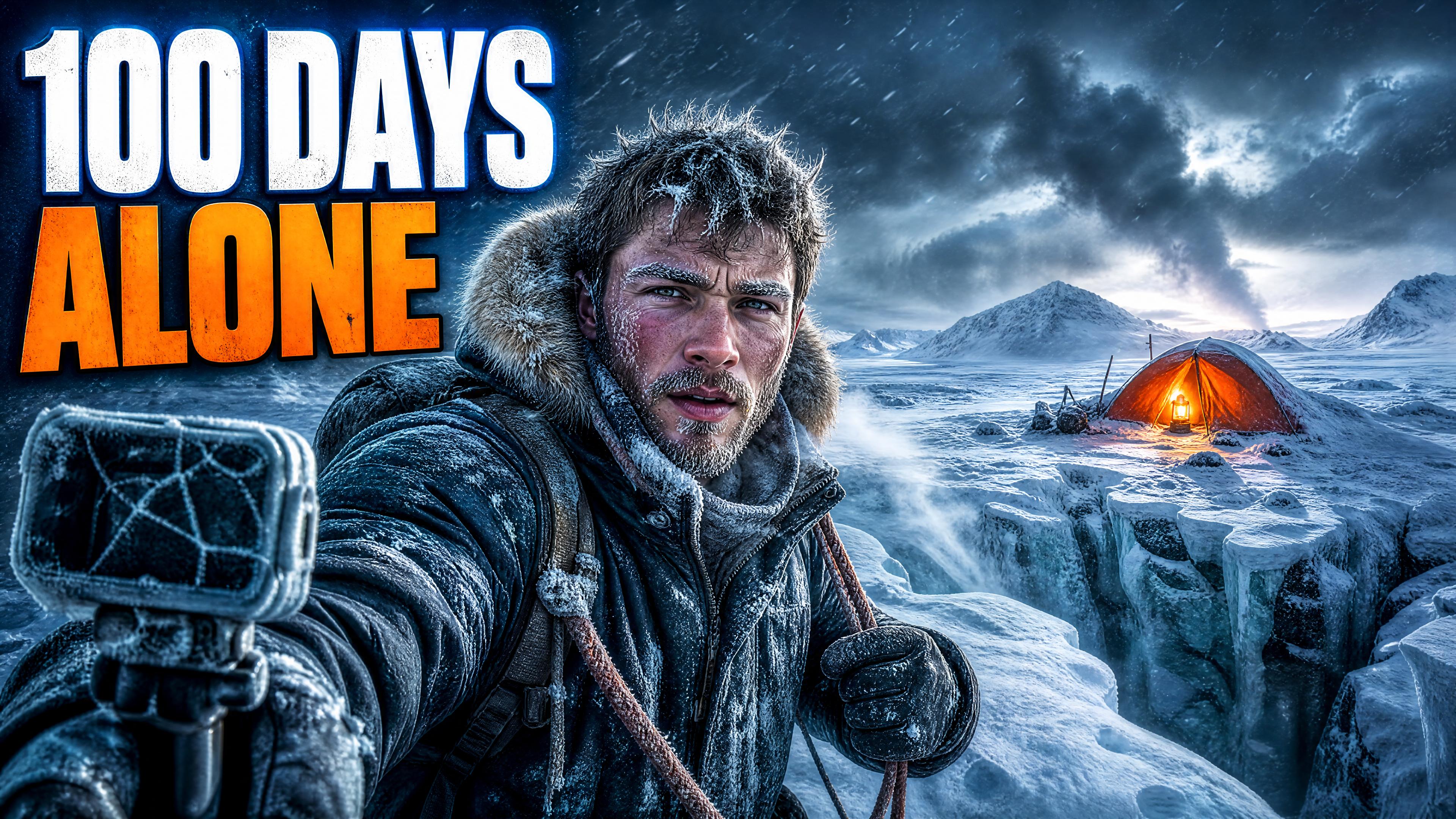 A YouTube thumbnail for a video titled I Survived 100 Days Alone in the Arctic, showing a figure in a red parka against ice and a low sun
